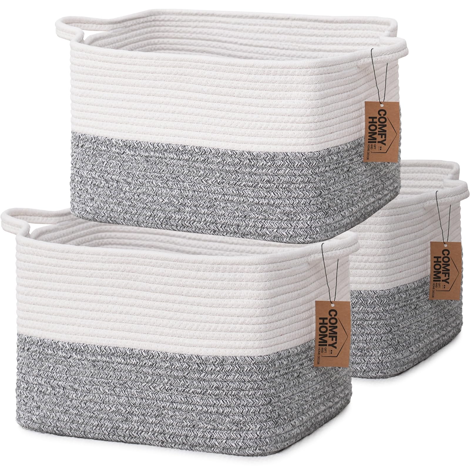 Comfy-Homi 3-Pack Cotton Rope Woven Basket With Handles For Shelves, Book, Cloth Basket|Dog Toy Basket For Organizingy|13.5' X 11' X 9.5' For Bedroom(White/Grey)